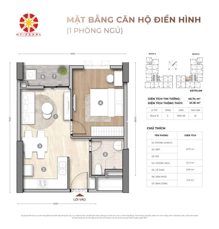 HT PEARL 8 Mặt bằng căn hộ 1PN HT Pearl